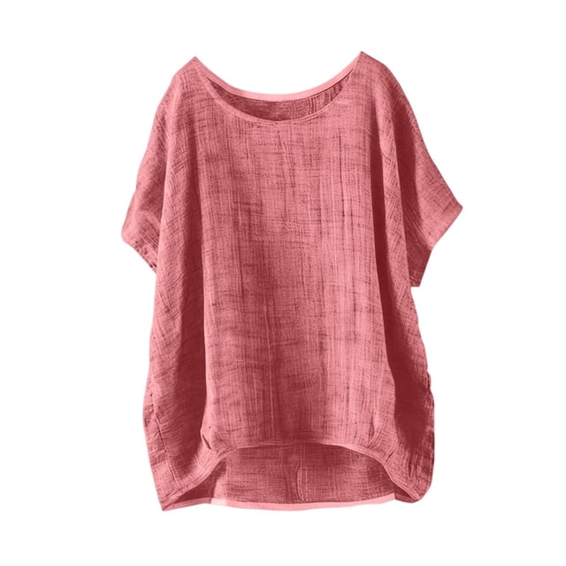 Zpanxa Chemises Fille Ado Couleur Unie Coton Lin Col Rond Manches Courtes Haut Coton Lin 9-10 Ans