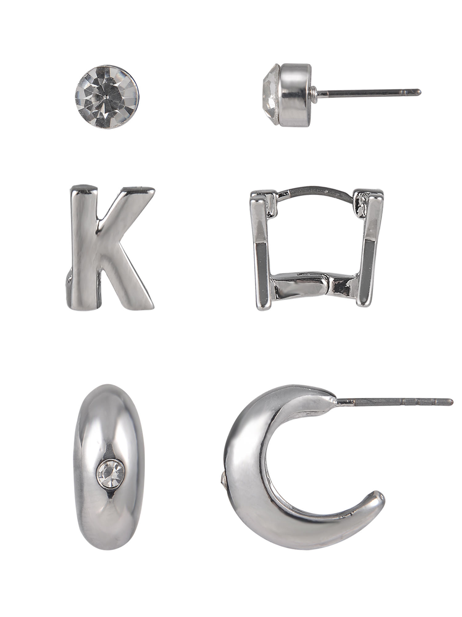 Time and Tru Silvertone 3-On Crystal Stud, Hoop, Initial "K" Earring Set