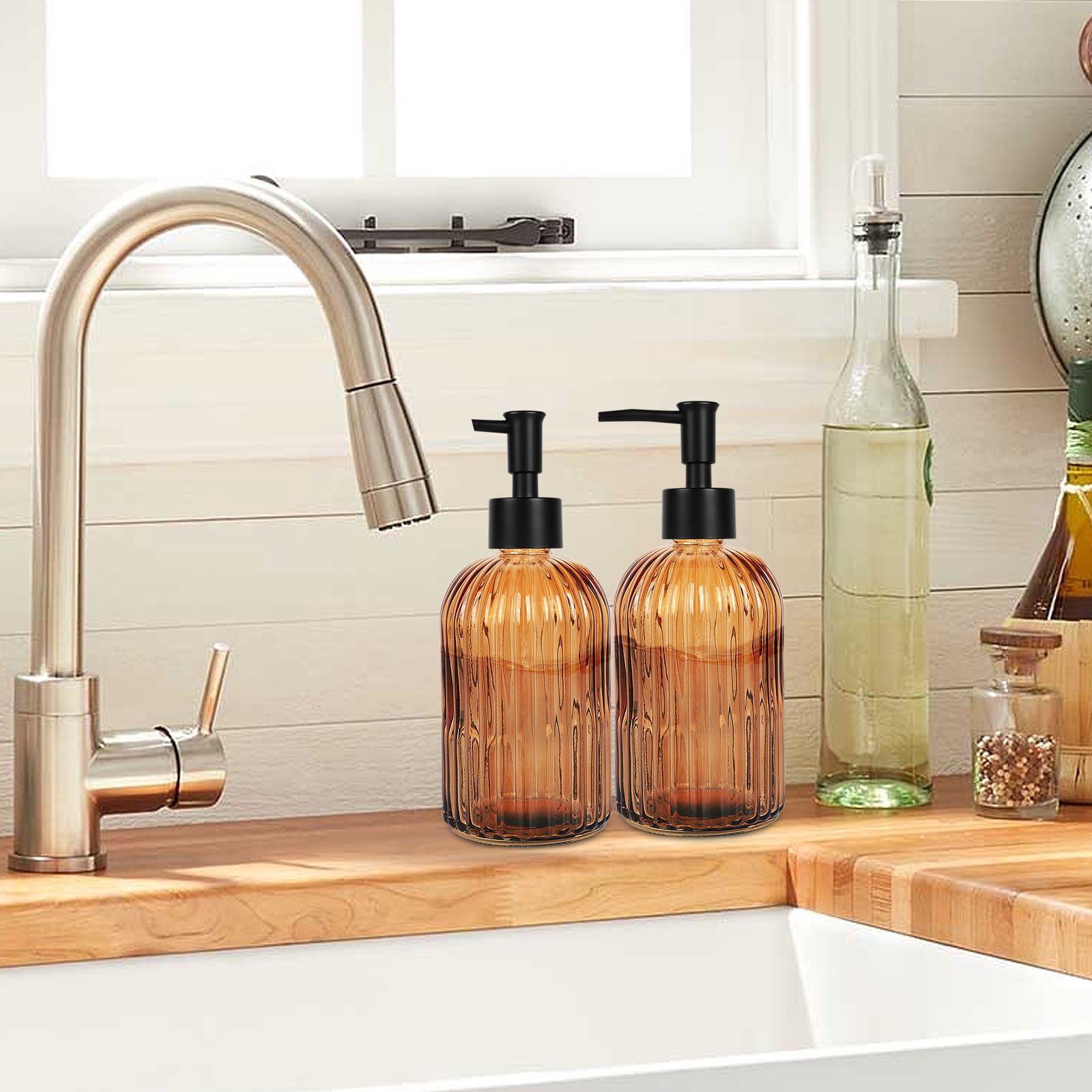 2-Pack 400ML Vertical Striped Glass Soap Dispenser - Amber Brown with Black Pump, Refillable Hand Soap Holder for Bathroom Kitchen Sink
