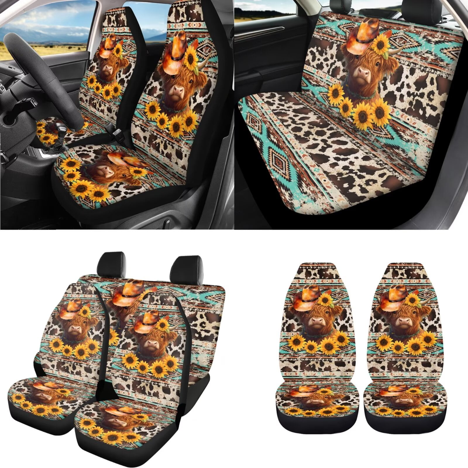Uorisanigo Aztec Highland Cow Car Seat Covers Full Set Steering Wheel Cover Pack of 18 Universal Center Console Pad,Seat Belt Strap Pads,Hand Brake Headrest Gear Shift Cover,Coasters,Keychain