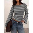 thumbnail image 3 of Women Boat Neck Striped Long Sleeve Sweater, Slim Fit Flare Cuff Knit Top for Autumn Daily Dating Outfits, 3 of 9