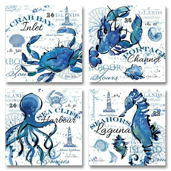 Watercolor-Style Blue Crab, Lobster, Octopus and Seahorse; Coastal Decor; Four 12x12in Paper Posters…