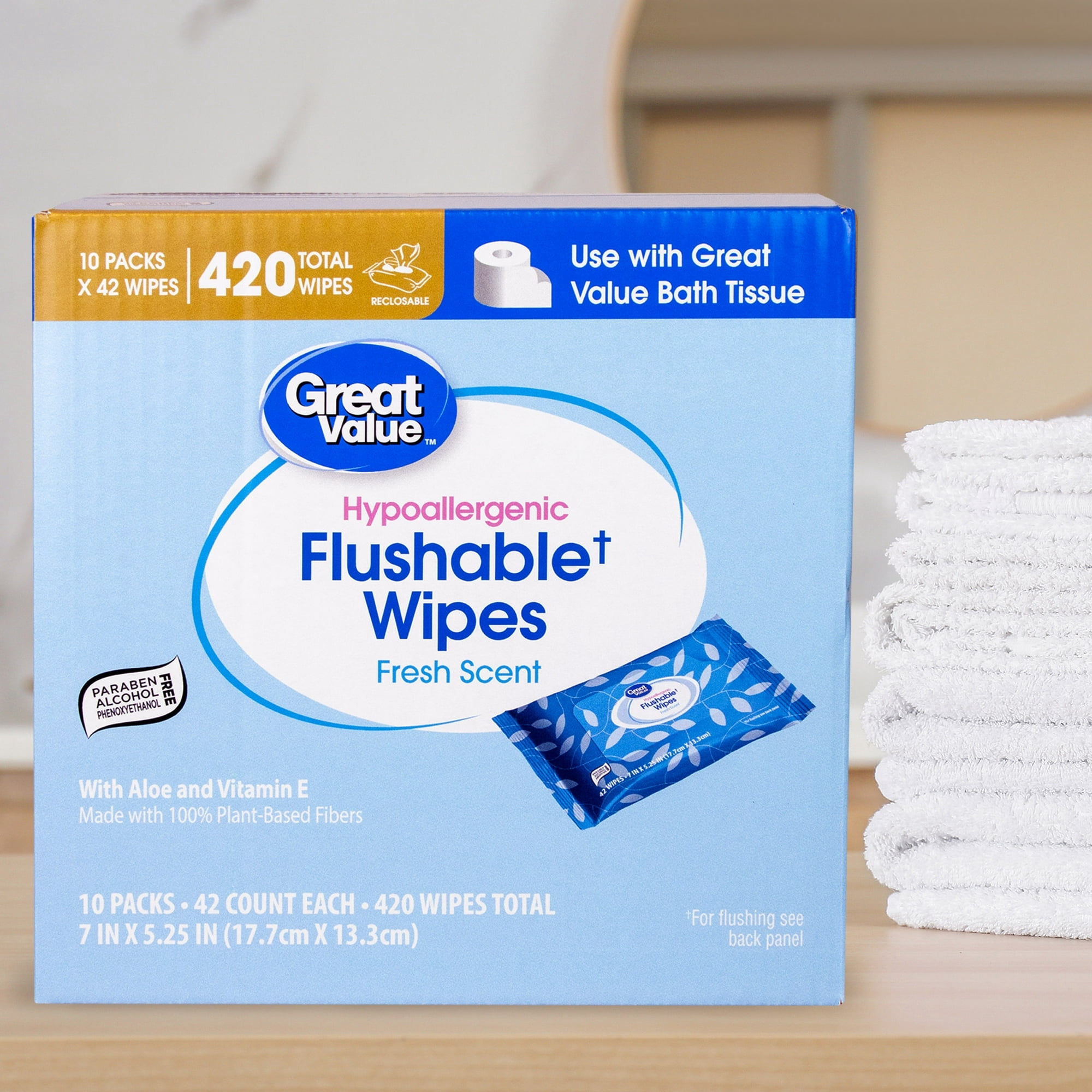 Fresh Scent Flushable Wipes, 10 Resealable Packs, 420 Total Flushable