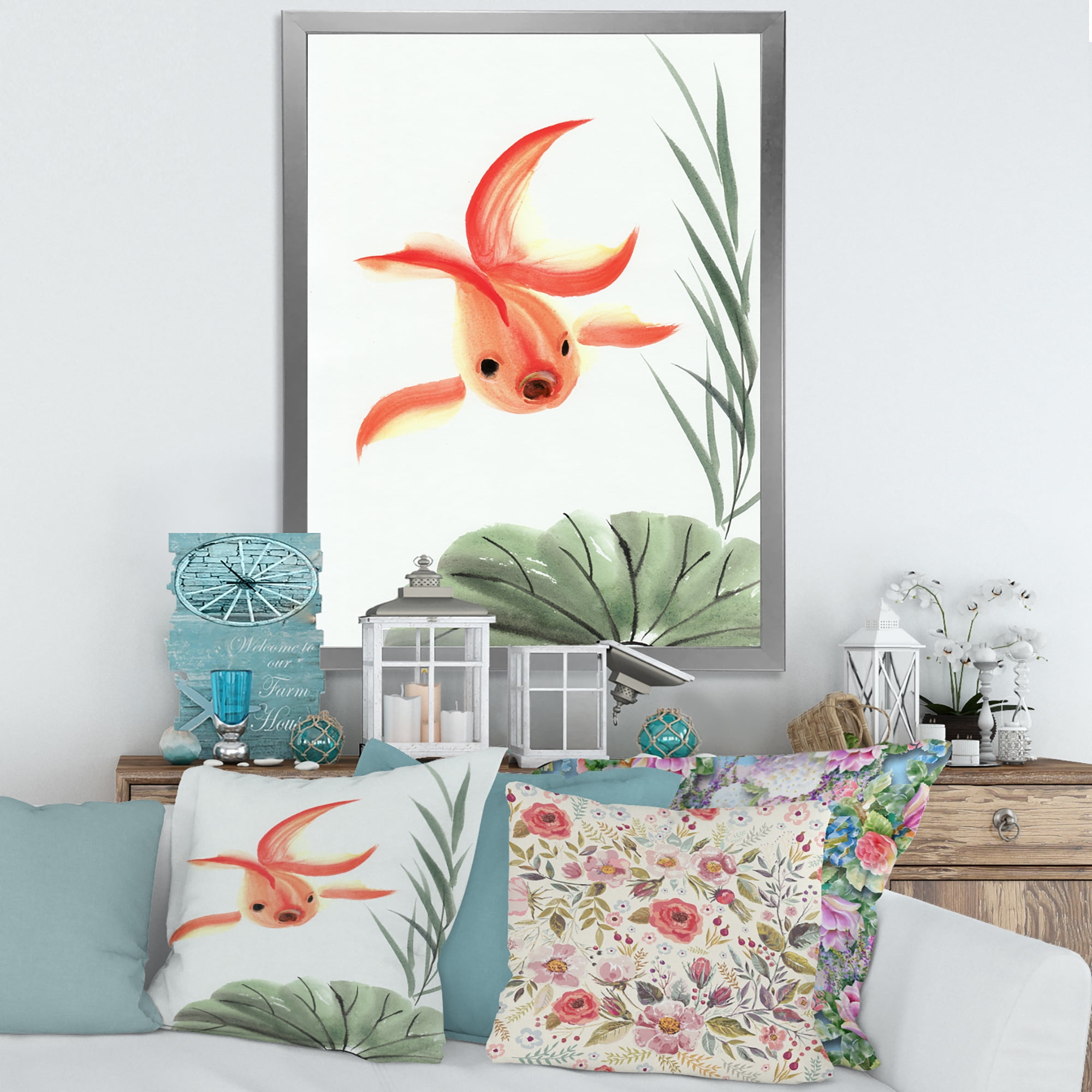 Designart 'Ancient Goldfish and The Lotus Leaf' Nautical & Coastal Framed Art Print