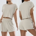thumbnail image 4 of Scyoekwg Summer Two Piece Shorts Sets For Women Short Sleeve Round Neck Tops Shorts Trendy Tracksuit Solid Color Casual Loose Sweatsuits Sets Matching Sets (Beige,S), 4 of 8
