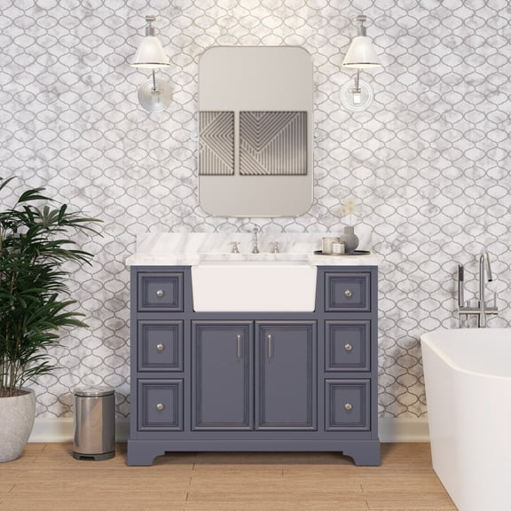 Zelda 42" Farmhouse Bathroom Vanity with Powder Gray Cabinet and Carrara Marble Top