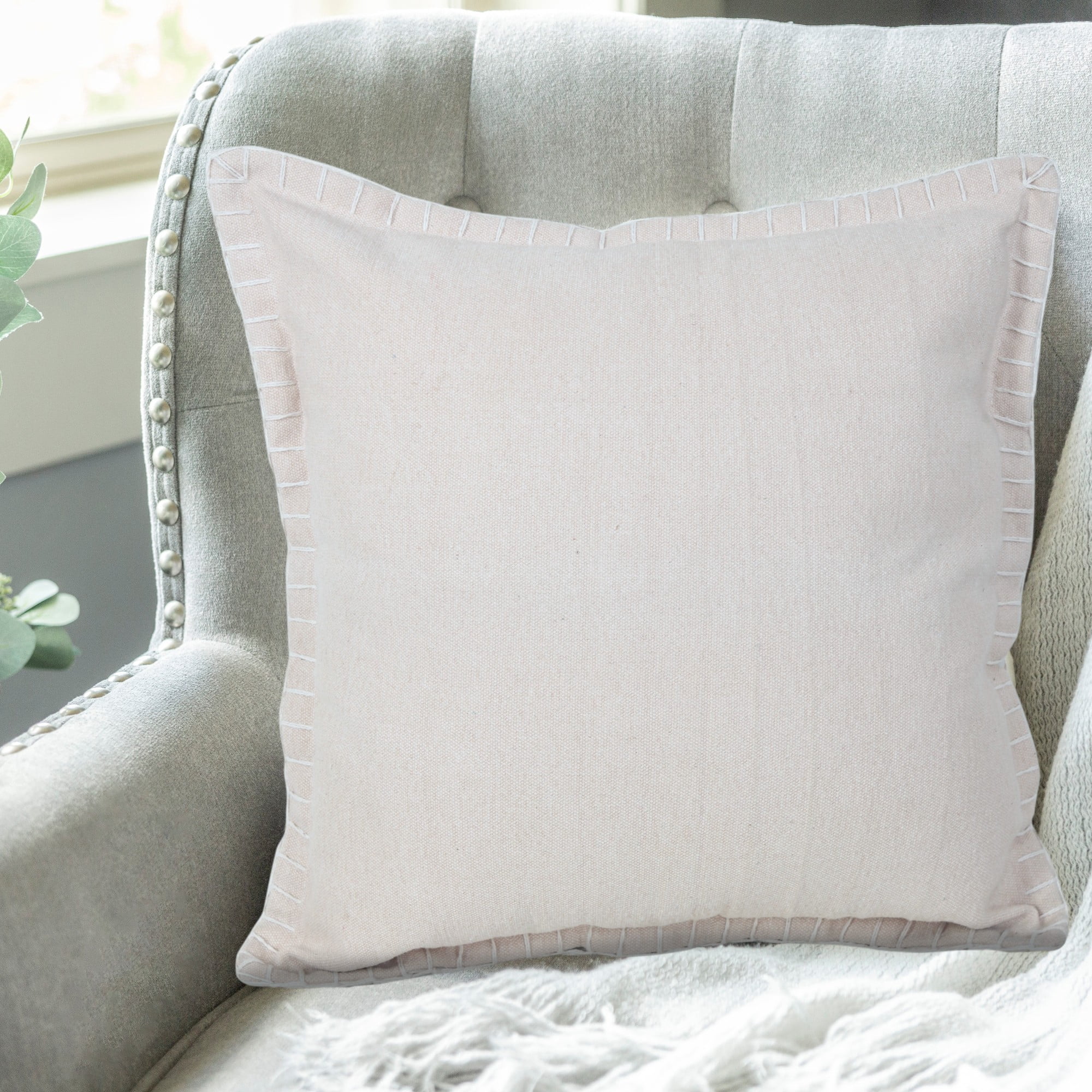 Laddha Home Designs Handwoven Solid Embroidered Cotton Throw Pillow Cover - 20" - Beige