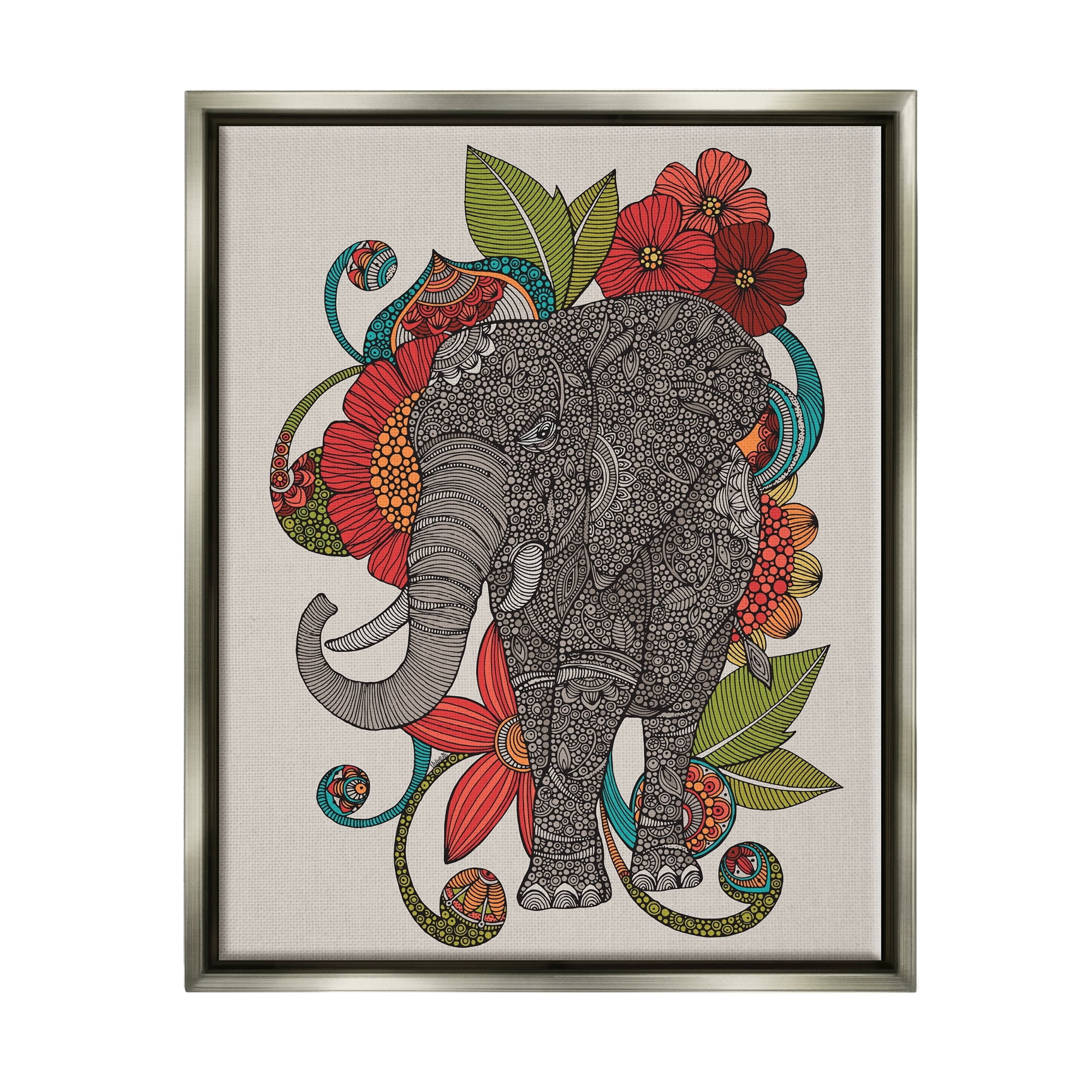 Stupell Industries Wild Elephant Surrounded Elaborate Flower Mandala Patterns Graphic Art Luster Gray Floating Framed Canvas Print Wall Art, Design by Valentina Harper