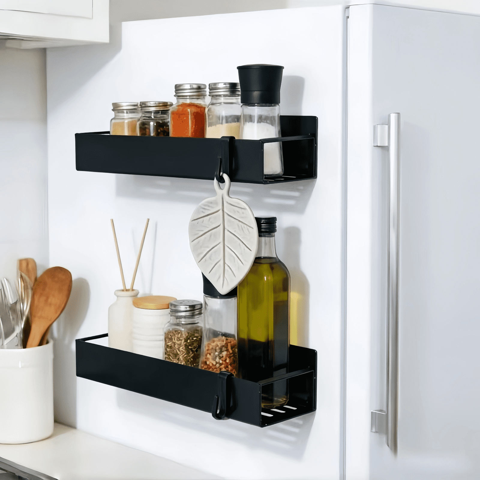 Set of 6 Magnetic Metal Rack for Refrigerator Side Black, Kitchen Storage Shelf with Hooks – Holds Jars, Bottles, Cans – Space-Saving Fridge Organizer