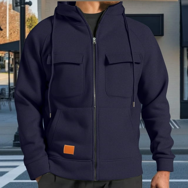 pstuiky camisetas de manga larga para hombre, Blusa/camiseta informal de manga larga con capucha y bolsillo con cremallera para hombre, color liso tops de invierno para hombre xxxl