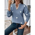 thumbnail image 6 of Cute Heart Print Sweater for Women - V-Neck Sweater Pullovers with Lace Trim, Knit Jumper Blue L, 6 of 8