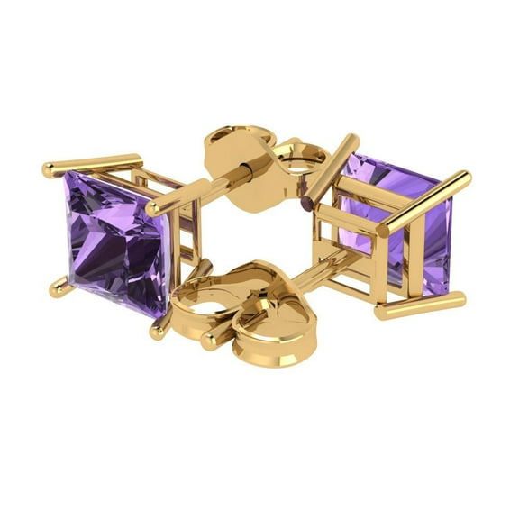 4 Ct Princess Cut Studs Purple Alexandrite 14K Yellow Solid Solid Gold Everyday Dainty Earrings Push Back