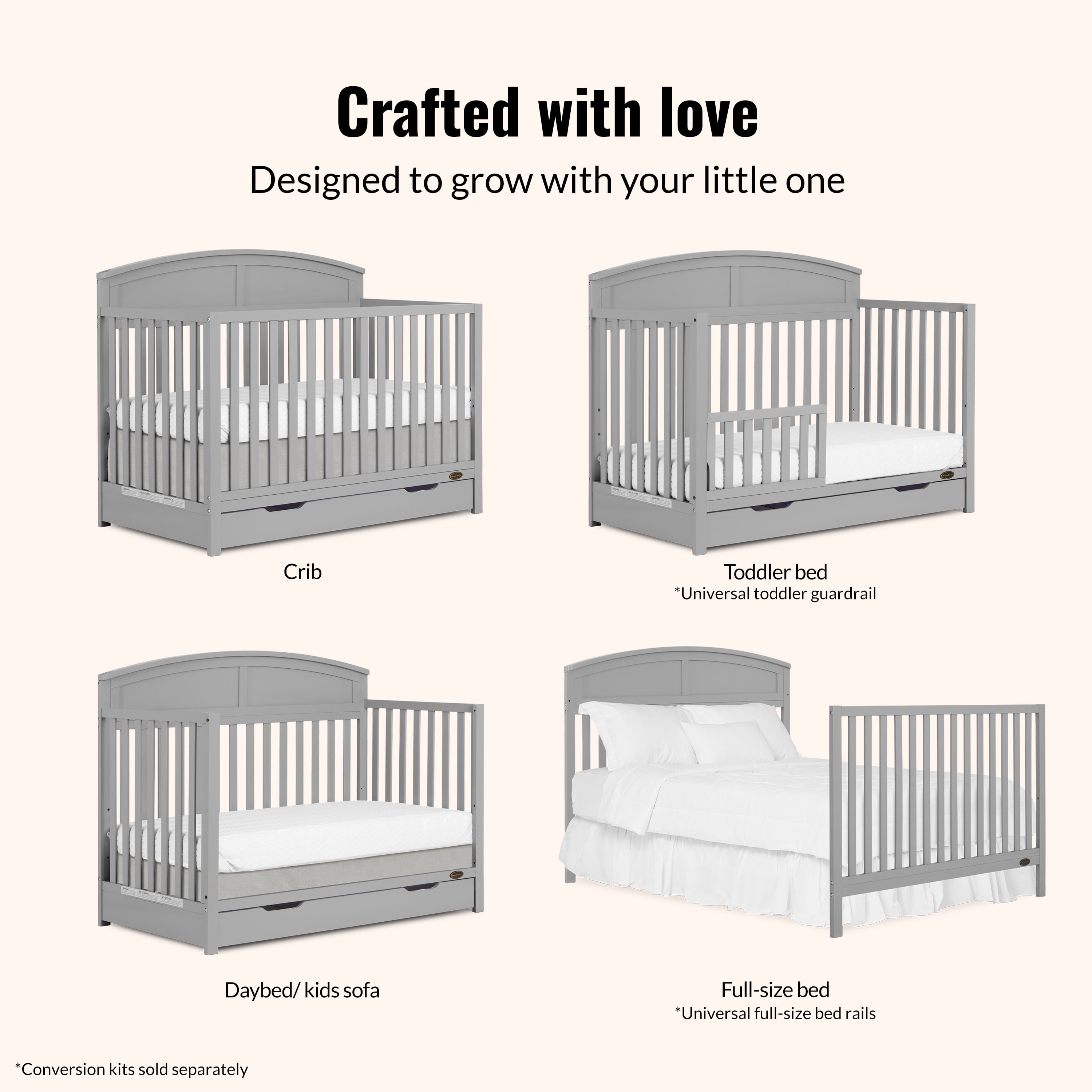 Dream On Me Storybrooke 5 in 1 Convertible Crib with Under Drawer, Pebble Gray