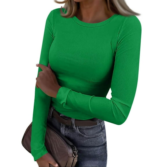Mohiass Womens Long Sleeve Stretch Crewneck Ribbed T-Shirt Fitted Casual Basic Tops Green XXL