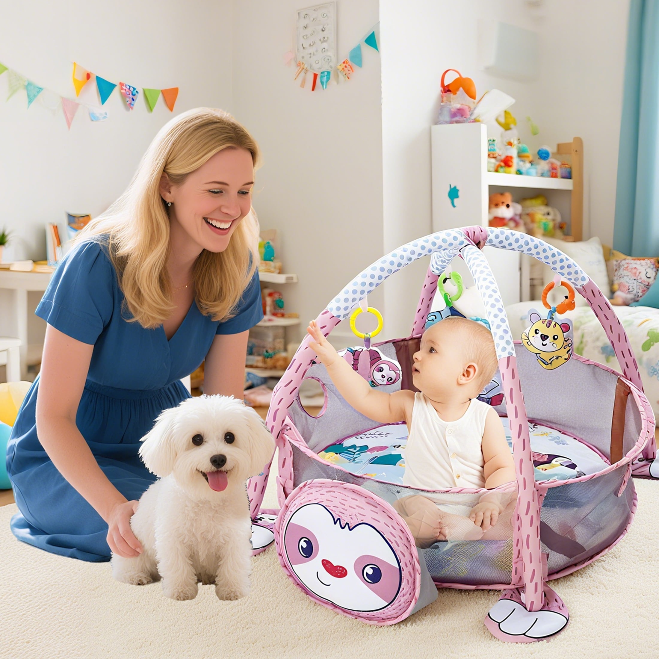 KOPPOP Baby Play Gym 3-in-1 Activity Mat with Hanging Toys, Ocean Balls & Koala Storage Bag for Newborns