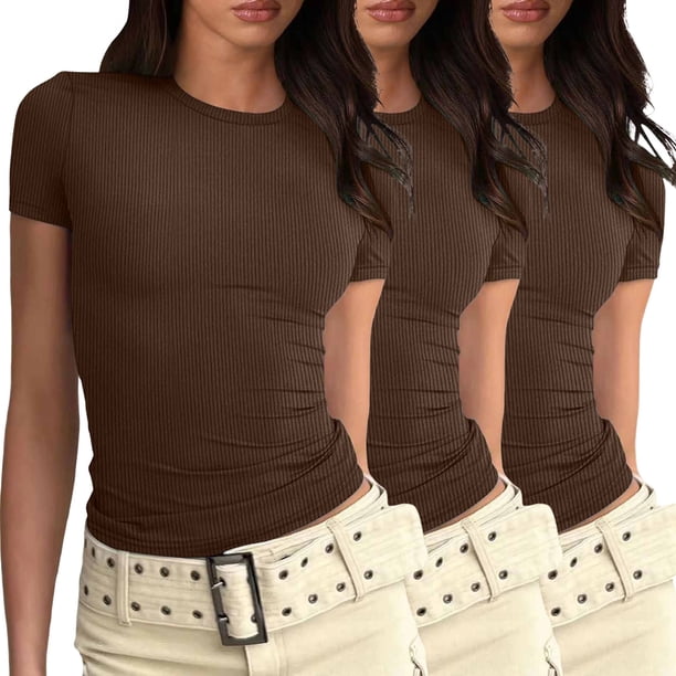 Camiseta básica de manga corta ajustada para mujer: camiseta de poliéster ajustada, top informal de verano, tallas S-XXL, estampado floral, apta para múltiples ocasiones