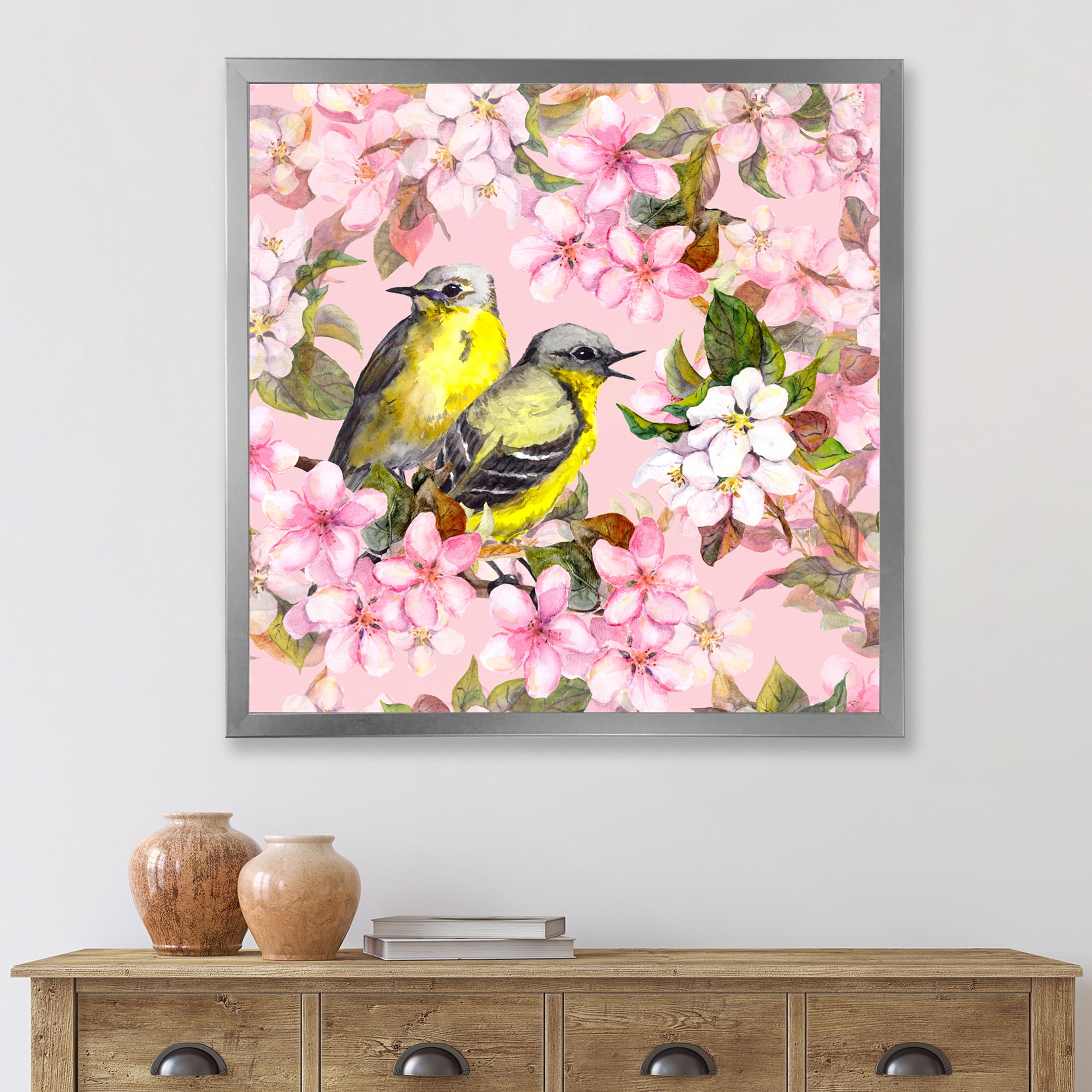 Designart 'Birds On Pink Cherry Sakura and Apple Flowers I' Traditional Framed Art Print