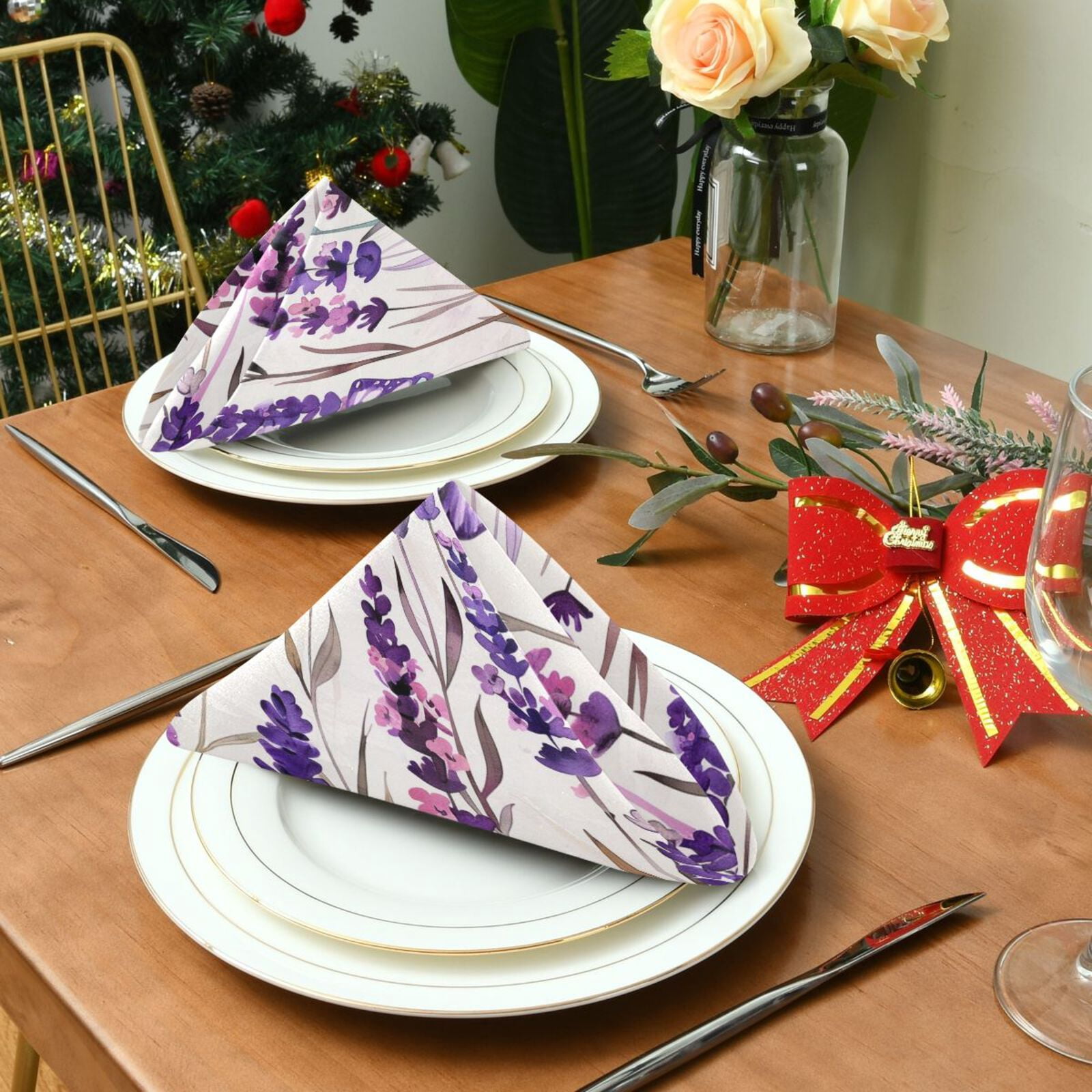 JSTEL Lavender Flower Butterfly Cloth Napkins Set of 6, 20x20 Inch Washable and Reusable Napkin for Decoupage Dinner Party Everyday Use