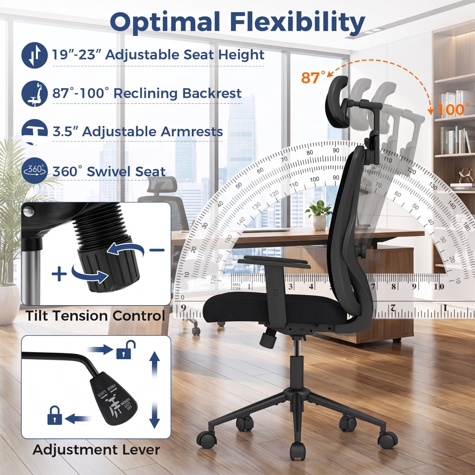 Furnibear Ergonomic Office Chair High Back Breathable Mesh Computer Chair with Adjustable 3D Headrest Lumbar Support and Recline, Black