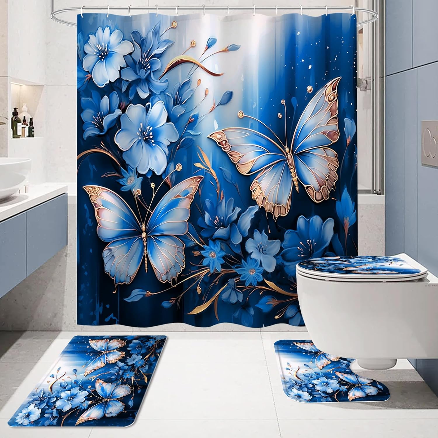 4 Pcs Blue Floral Butterfly Shower Curtain Set with Non-Slip Rugs, Modern Toilet Lid Cover and Bath Mat, Sparkling Bathroom Decor Set with Shower Curtain and Rugs