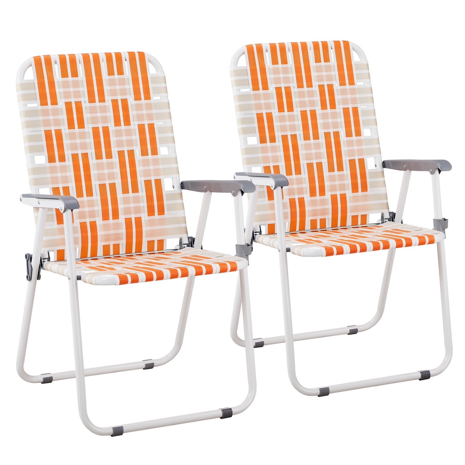 Set of 2 Webbed Folding Beach Chairs, Outdoor Patio Lawn Foldable Chairs for Camping Fishing Yard Poolside BBQ, Orange & White