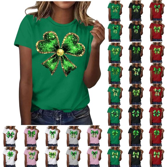ShiShine Womens St Patricks Day T Shirt Bow Detail Short Sleeve Crewneck Top with Graphic Print