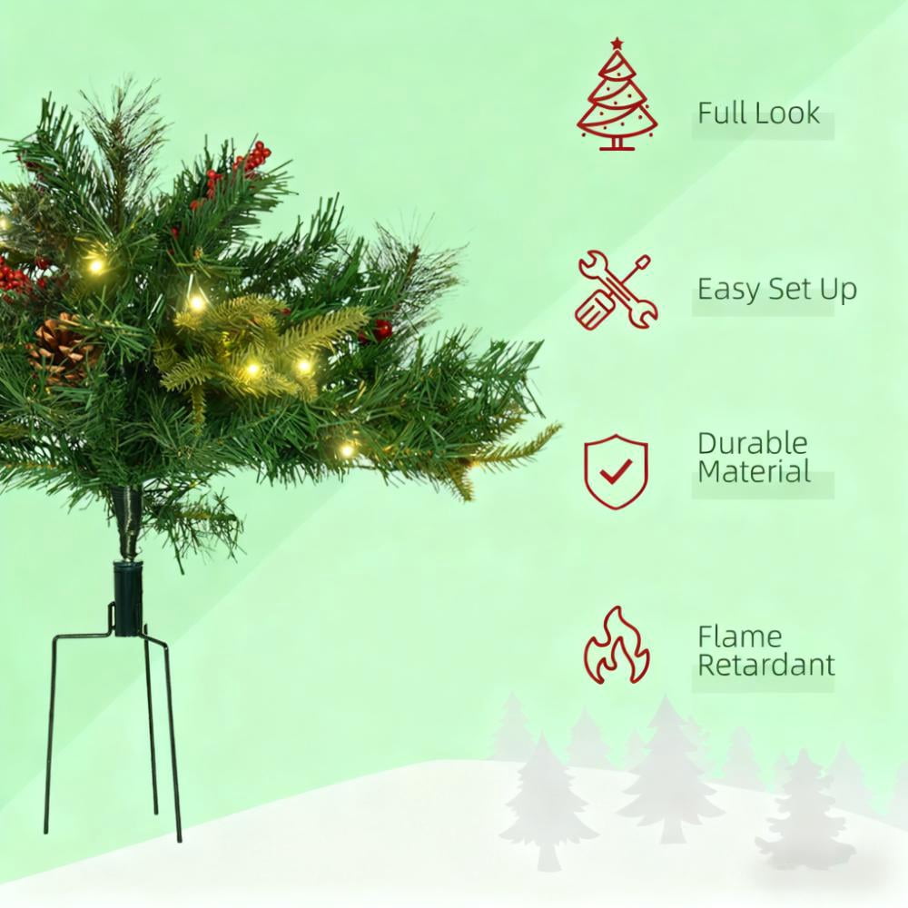2ft Battery-Operated Prelit Morinda Umbellata Tree 69 Tips 24 LED Lights Berries Pine Cones Tripod Stake Outdoor Decor