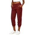 thumbnail image 3 of Women's Corduroy Elastic Waist Cuffed Cropped Pants with Pockets, Casual Solid Color, Medium Wash Baggy, Cropped Pants for Women | UKHCCC,Wine XL, 3 of 9
