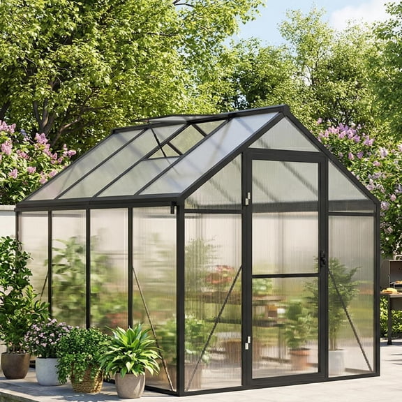 6x8ft Greenhouse, Large Walk-in Greenhouse for Outdoors with Roof Vent & Lockable Outward-Opening Swing Door, Heavy Duty Aluminum Frame Polycarbonate Green House for Garden,Backyard,Lawn,Grey