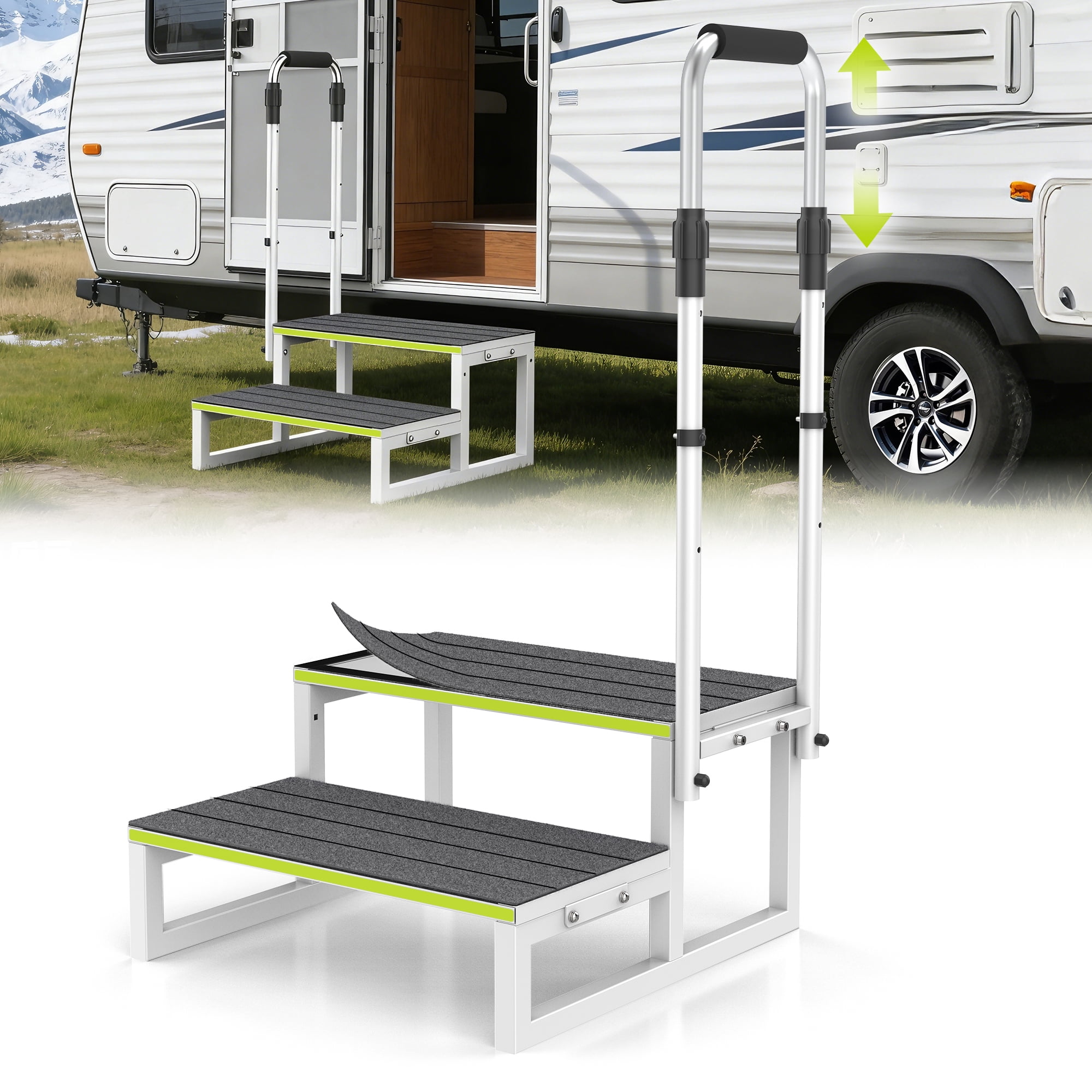 RV Step Stool with Handrail, 2 Step Ladder with 1 Handrails, Wide Platform & Anti-Slip Mats, Portable Stairs for Hot Tub/Camper/Mobile Home/Porch/SPA Pool/Pet Stairs