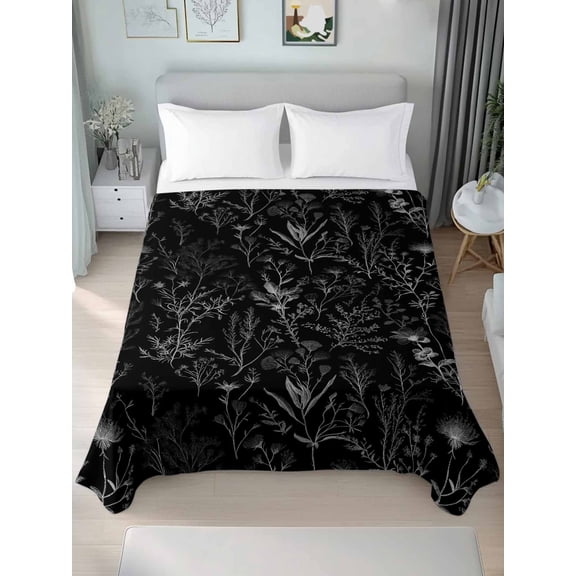 Black Spring Floral Twim Size Flat Sheet, Wrinkleproof & Fadeproof Cooling Flat Bed Sheet Only, Vintage Botanical Watercolor Breathable Soft Bedding Top Sheets 66 x 96 Inches