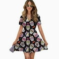 thumbnail image 2 of Sugar Skull Roses Designs Women Dress V-Neck Short Sleeve Flowy Swing Party Midi Dress, 2 of 4