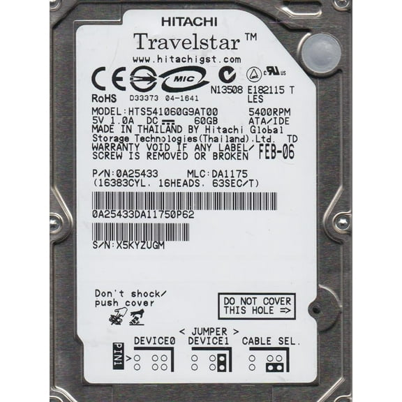 HTS541060G9AT00, PN 0A25433, MLC DA1175, Hitachi 60GB IDE 2.5 Hard Drive
