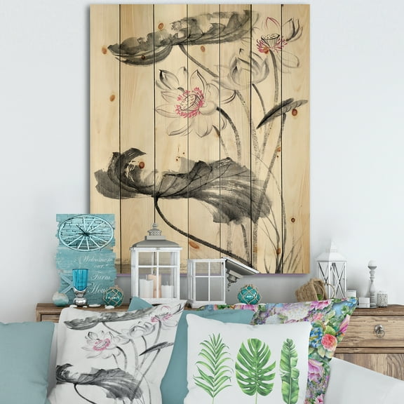 Designart 'Ancient Lotus Flowers' Traditional Print on Natural Pine Wood