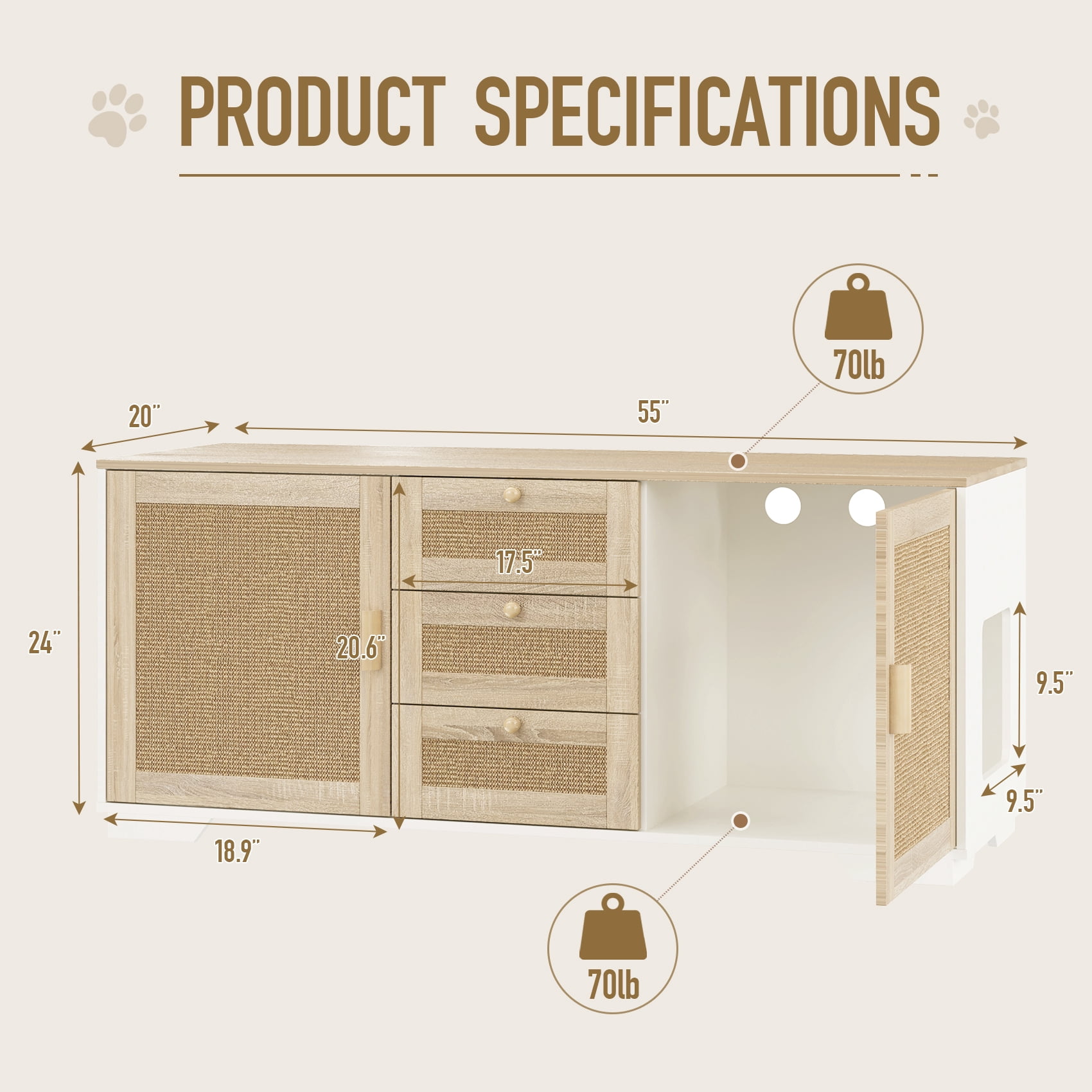 Faceket Cat Litter Box Enclosure Furniture, 55.2" L x 24.2" W x 20.2" H, Hidden Indoor 2-in-1 Wooden Cabinet with Scratching Board Doors & 3 Drawers, for 2 Cats, White