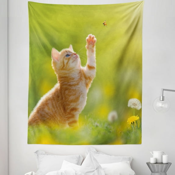 Animal Tapestry, Animal Theme Cat Hunting a Ladybug Nature Grass Dandelions Digital Print, Fabric Wall Hanging Decor for Bedroom Living Room Dorm, 5 Sizes, Earth Yellow Pale Green, by Ambesonne