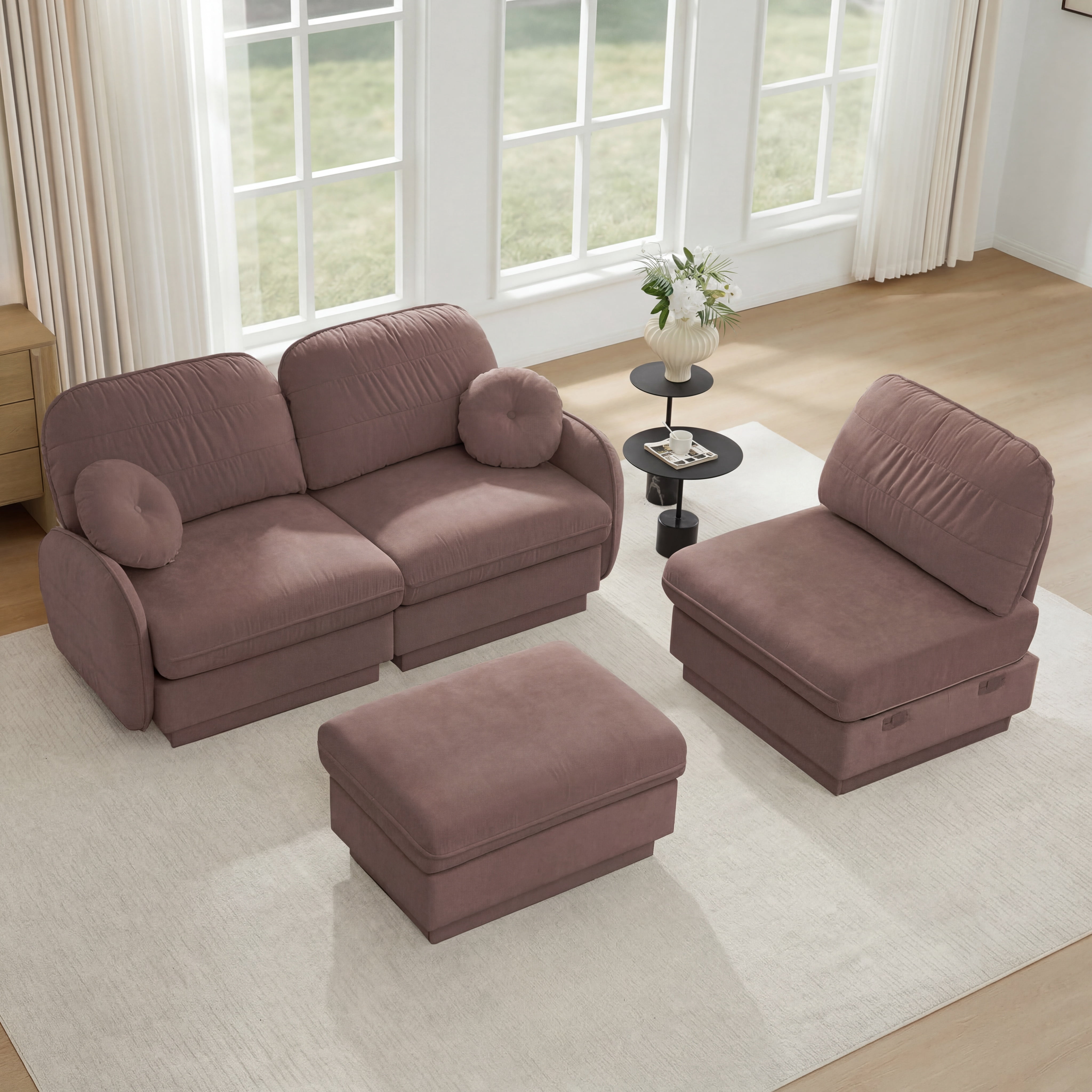 Mintazer 105" Chenille Cloud 3-Seater Modular Sectional Sofa with Movable Ottoman & Round Pillows, L-Shaped Ergonomic Sofa Couch for Living Room, Apartment, Rose Dust