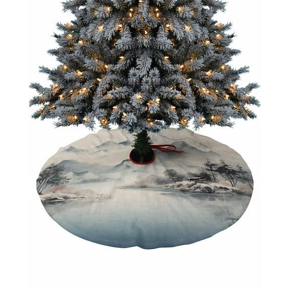 Landscape Painting Christmas Tree Skirt 48 Inches Large Christmas Skirt Tree, Watercolor Mountains Farmhouse Tree Skirt Christmas Decorations for Fireplace Party Holidays Indoor Outdoor