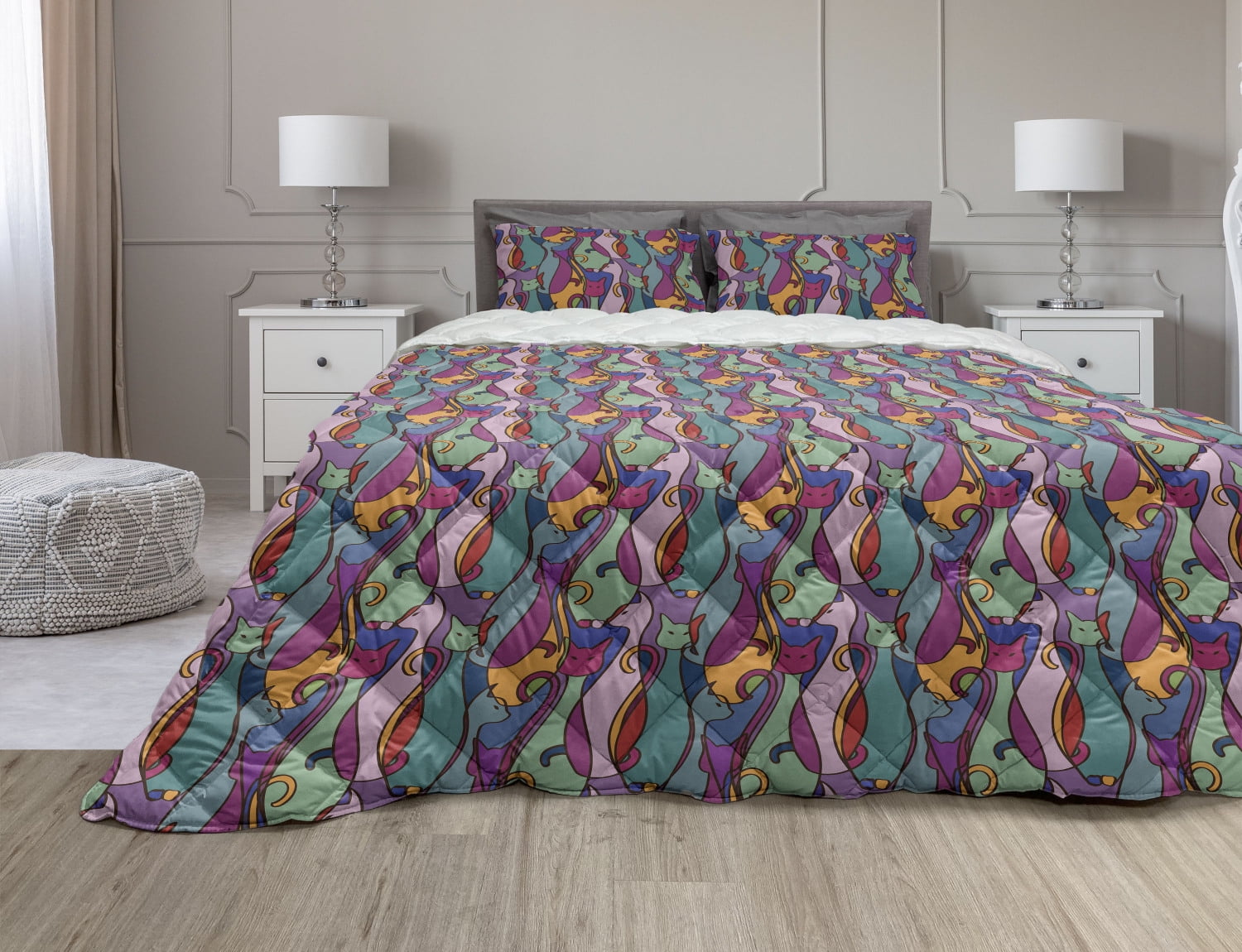 Cat Comforter & Sham Bedding Set, Geometric Colorful Cats Abstract