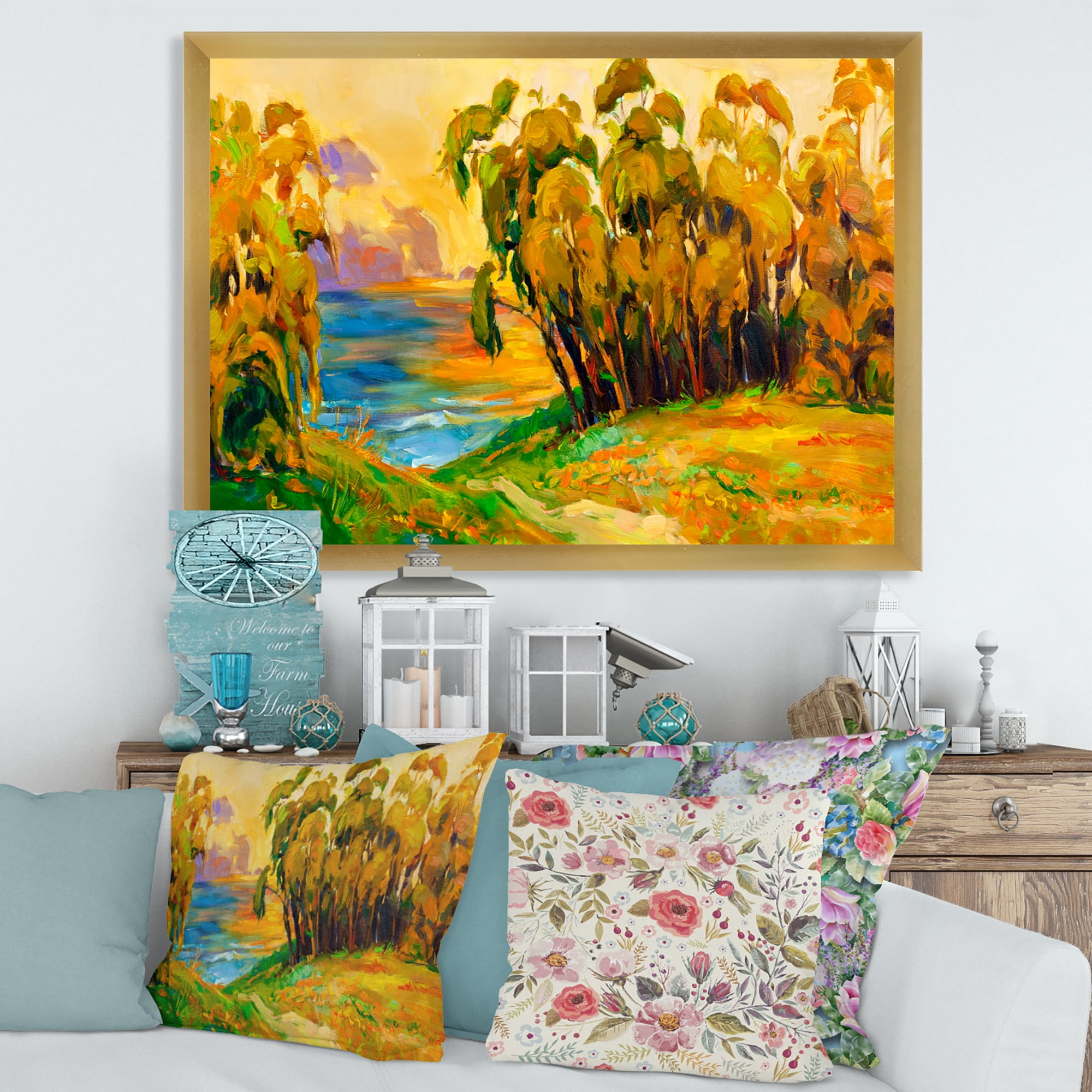 Brown Trees By The Riverside During Evening Glow 40 in x 30 in Framed Painting Canvas Art Print, by Designart