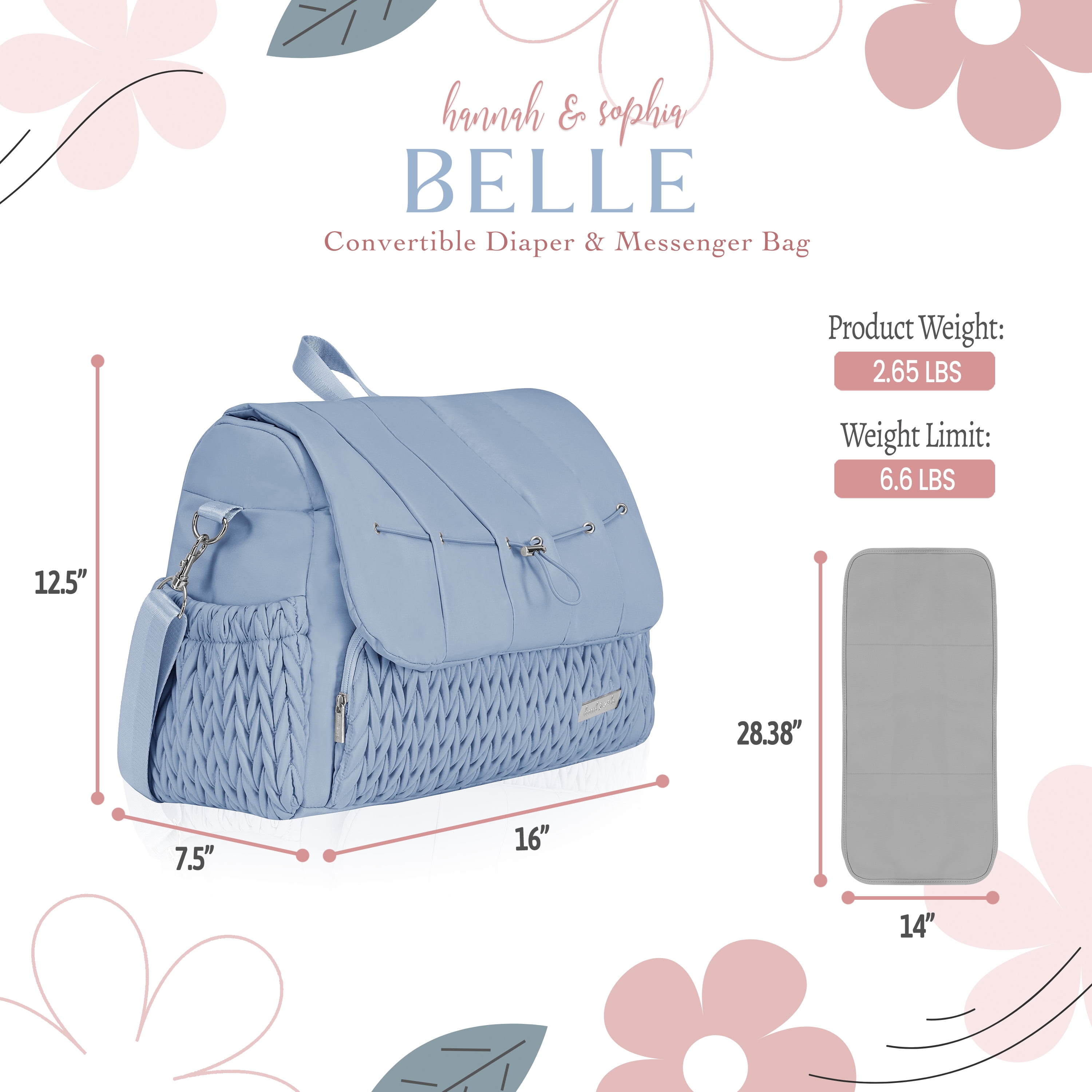 Sac à dos et sac messager convertible pour couches Hannah & Sophia Belle, bleu brume lunaire