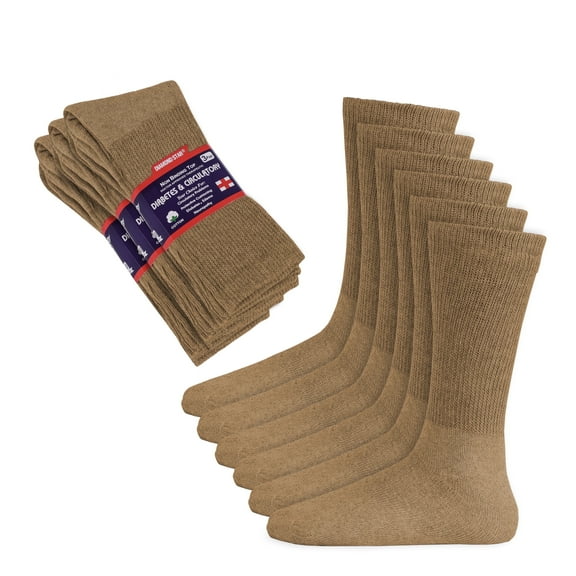 Diamond Star Diabetic Socks, Non-Binding Circulatory Cushion Cotton Crew Diabetic Socks for Men Women (Khaki - 3 Pairs, Socks Size 10-13, Fit Men's Shoe Size 7-12)
