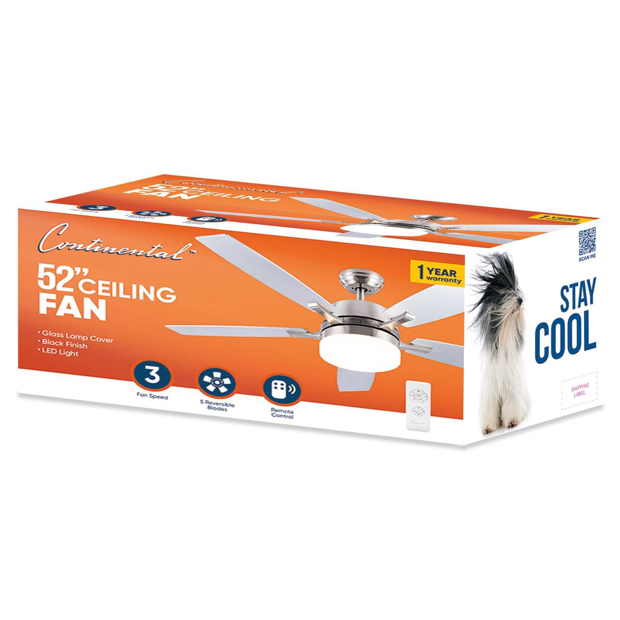 Continental Electric 52" Ceiling Fan Brushed Nickel, Five Blades, Indoor