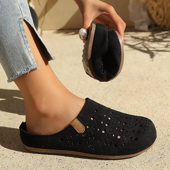 Women's Perforated Closed Toe Mules, Low-Top Lightweight Flat-Soled Slip-On Breathable Clogs for Casual & Everyday Wear Black 6.5