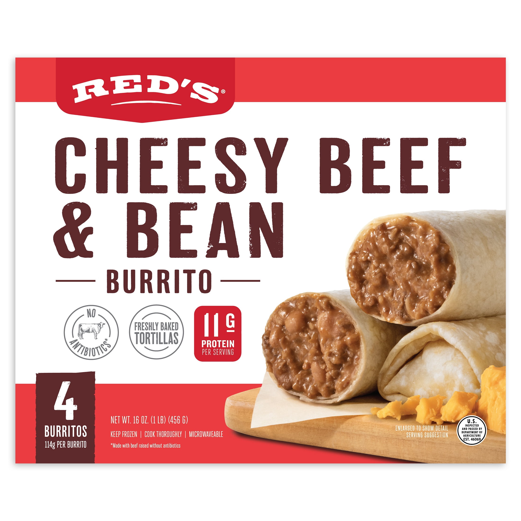 Red's Cheesy Beef and Bean Burrito, 16 oz, 4 Count (Frozen)