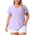 thumbnail image 1 of Blusa de manga acampanada de talla grande para mujer Agnes Orinda, con escote en V, camiseta hueca de primavera y verano, 2X, color púrpura claro, 1 of 6