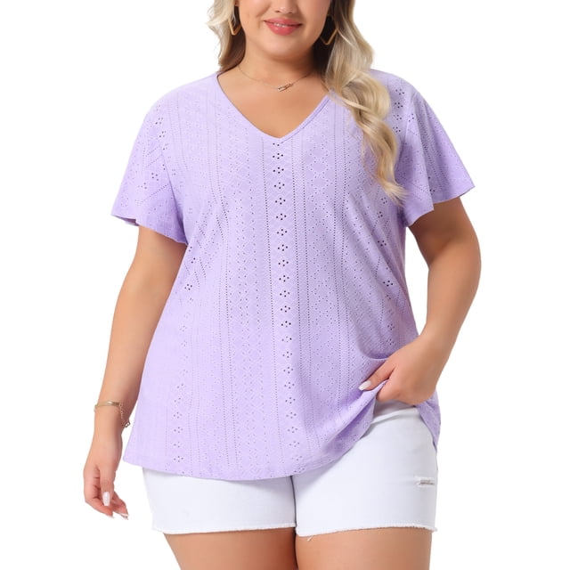Blusa de manga acampanada de talla grande para mujer Agnes Orinda, con escote en V, camiseta hueca de primavera y verano, 2X, color púrpura claro