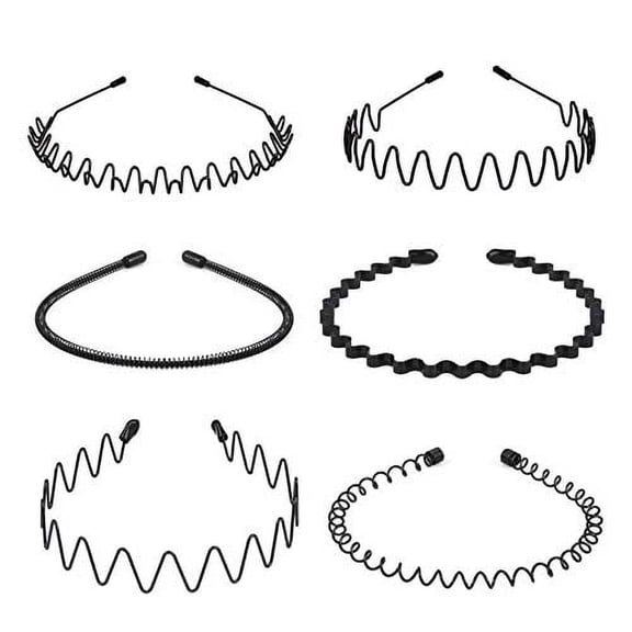 6PCS Metal Hair Bands, Spring Wavy Hoop Unisex Black Headband Slicked Back Non Slip Sports Hairband for Women Men… 6 pcs