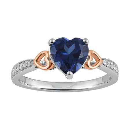 Heart 2 Heart Created Blue Sapphire and 1/10 Carat T.W. Diamond Sterling Silver with Pink Gold Plating Ring