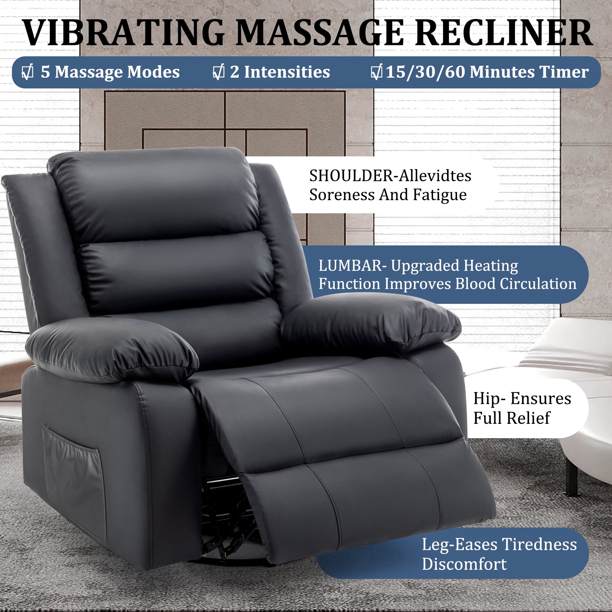 Korser Oversized Swivel Rocker Recliner Chair for Adults Faux Leather for Nursery Living Room,Black